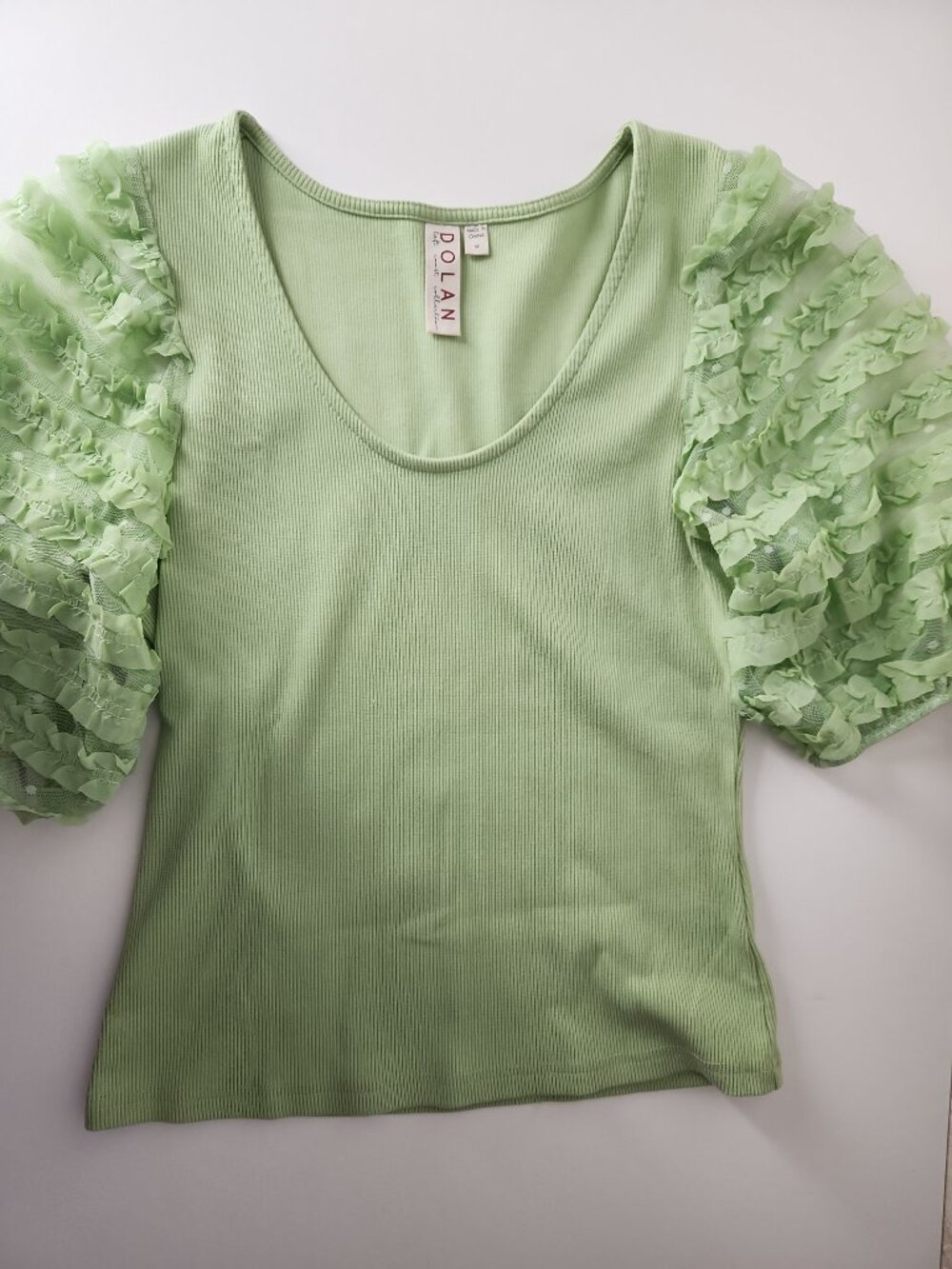 Dolan Anthropologie Ruffle Puff lace Sleeve Green‎ Ribbed Top blouse sz M - Picture 5 of 12
